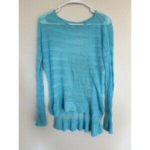 Eileen Fisher Light Blue Open Knit Mesh High/low Striped Boatneck Sweater Small